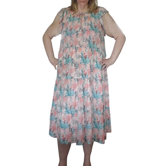 Stitch by Chenault Size XXL Coral Reef Print Tiered Midi Dress Boho Fairy Beach - Picture 1 of 10